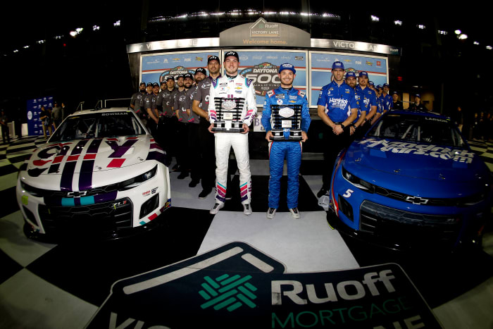 Kyle Larson and Alex Bowman will start on the front row for the NASCAR Cup Series 64th Annual Daytona 500 at Daytona International Speedway on Sunday. (Photo by Sean Gardner/Getty Images)
